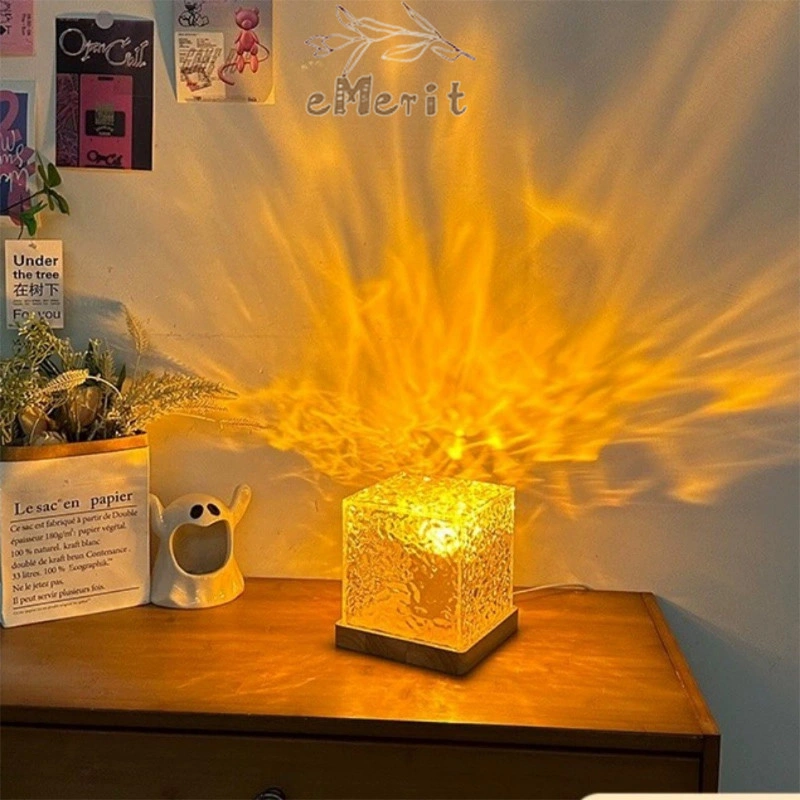 Lampu Meja Riak Air Persegi Lampu Malam Kecil Kreatif Samping Tempat Tidur Lampu Meja Dinamis Aurora Api eMerit