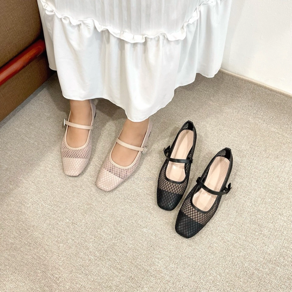 BREVINNI Femme Strap Mesh Mary Jane Flat Women || Sepatu Mary Jane Tapak Flat Wanita || Ballet Flats Women || Sepatu Tapak Karet Wanita Premium ||