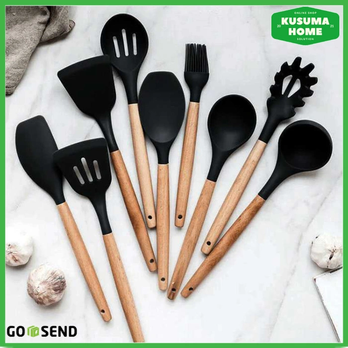 Set Spatula Silikon 9in1 RLZone Alat Masak Tahan Panas Gagang Kayu Food Grade Lengkap untuk Berbagai Kebutuhan Dapur