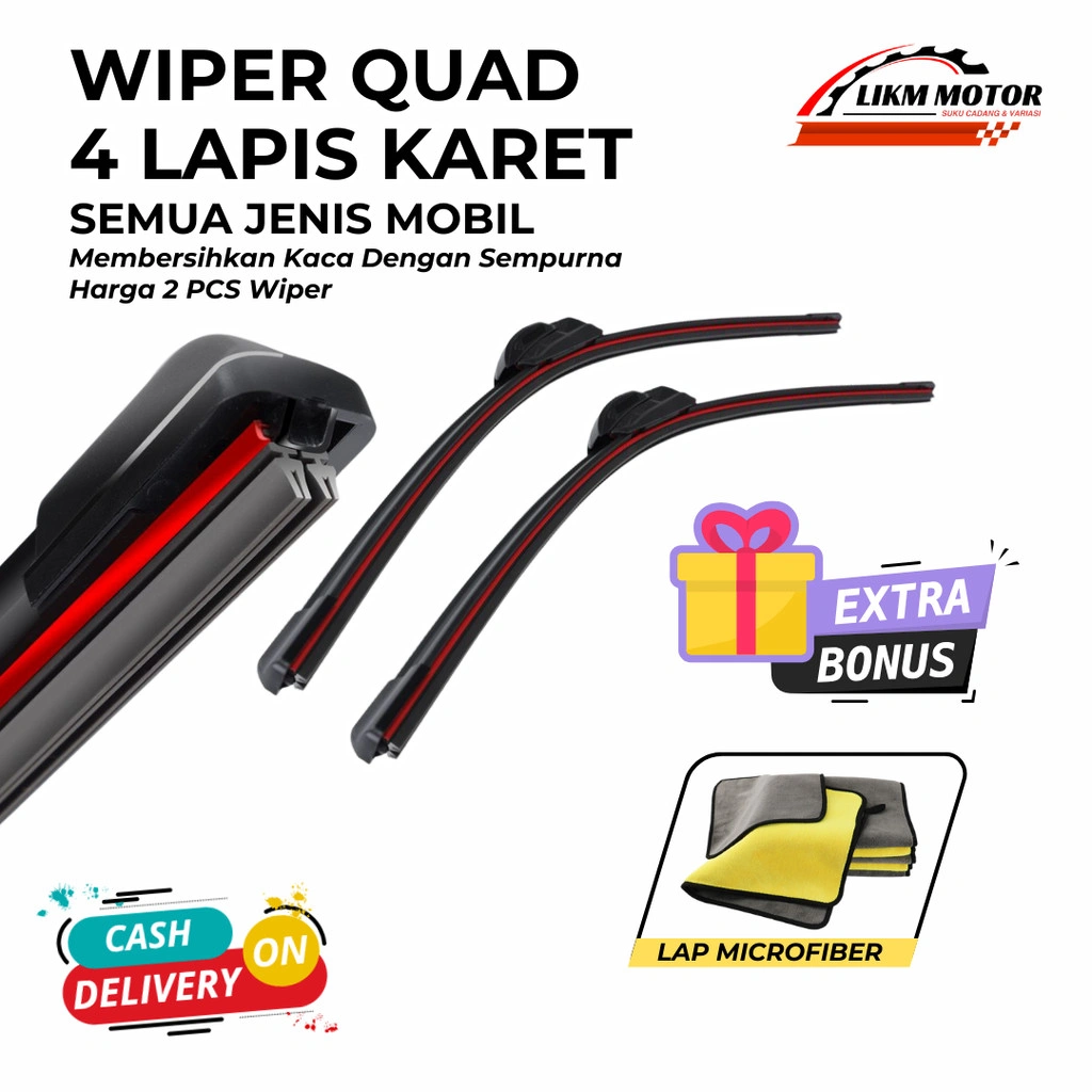 Wiper Mobil Quad 4 karet Universal 1 Set Kiri dan Kanan Bonus Lap Microfiber Pembersih Kaca Depan