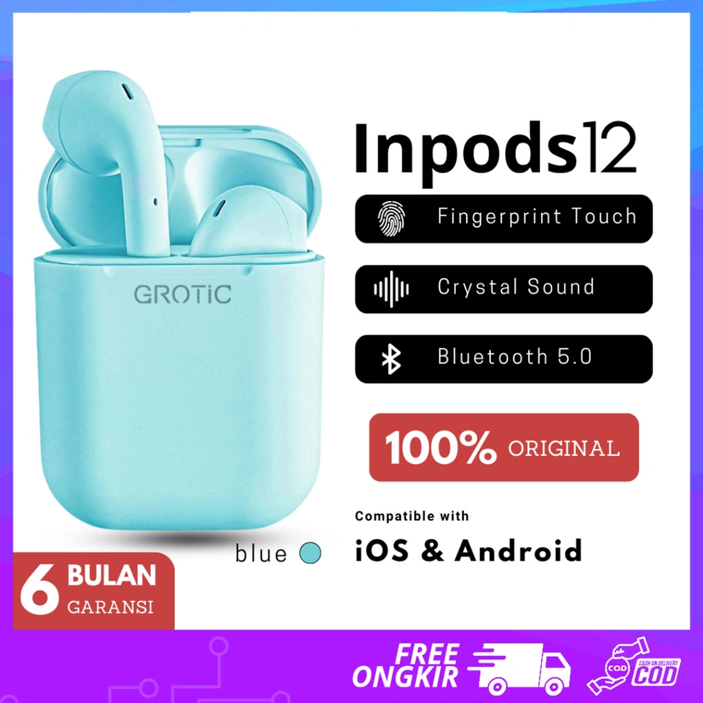ALOHILOHI Headset Bluetooth inpods 12 TWS Macaron Earphone True Wireless Stereo HIFI Sentuh Earbud i12