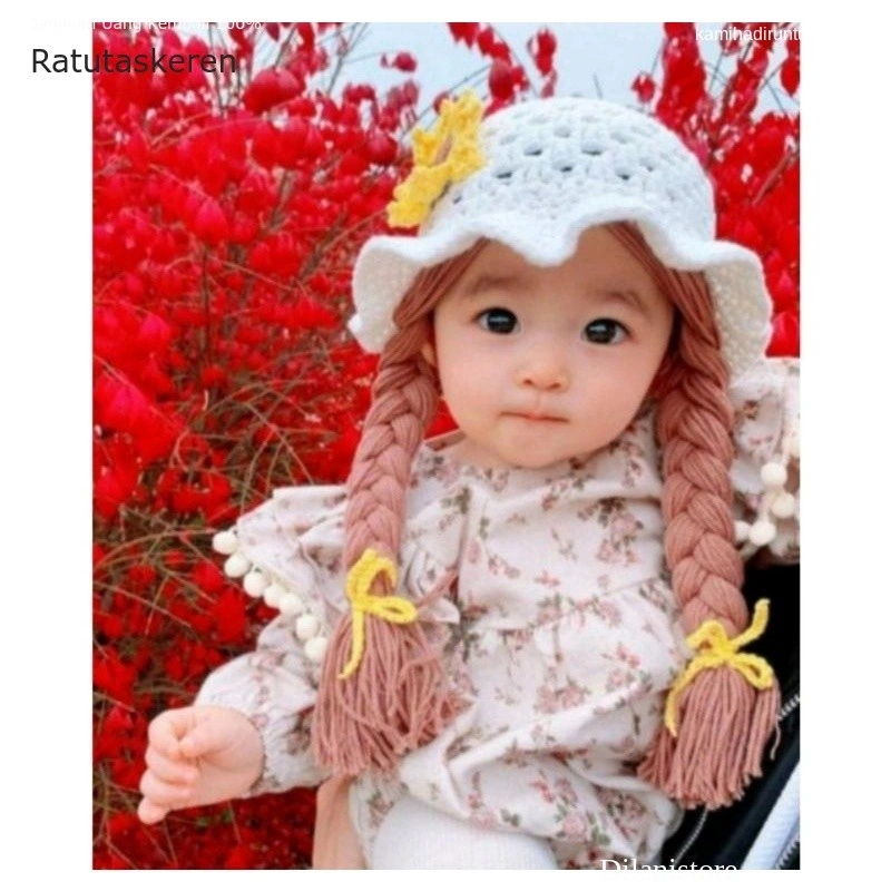 Kupluk anak RIK1124 kepang wig baby panjang aplikasi bunga pita hand made Keren