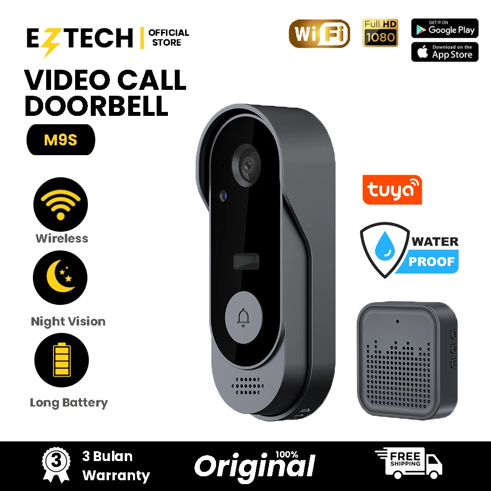 [TUYA] DOORBELL M9S Rumah Wireless DoorBell Kontrol Ponsel Bel pintu visual WIFI Smart Doorbell Camera【EZTECH】