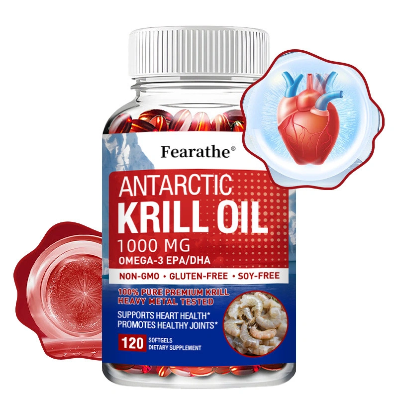Antarctic krill oil capsule supplement, rich in omega-3 and astaxanthin, supports cardiovascular health, supports joint and bone health