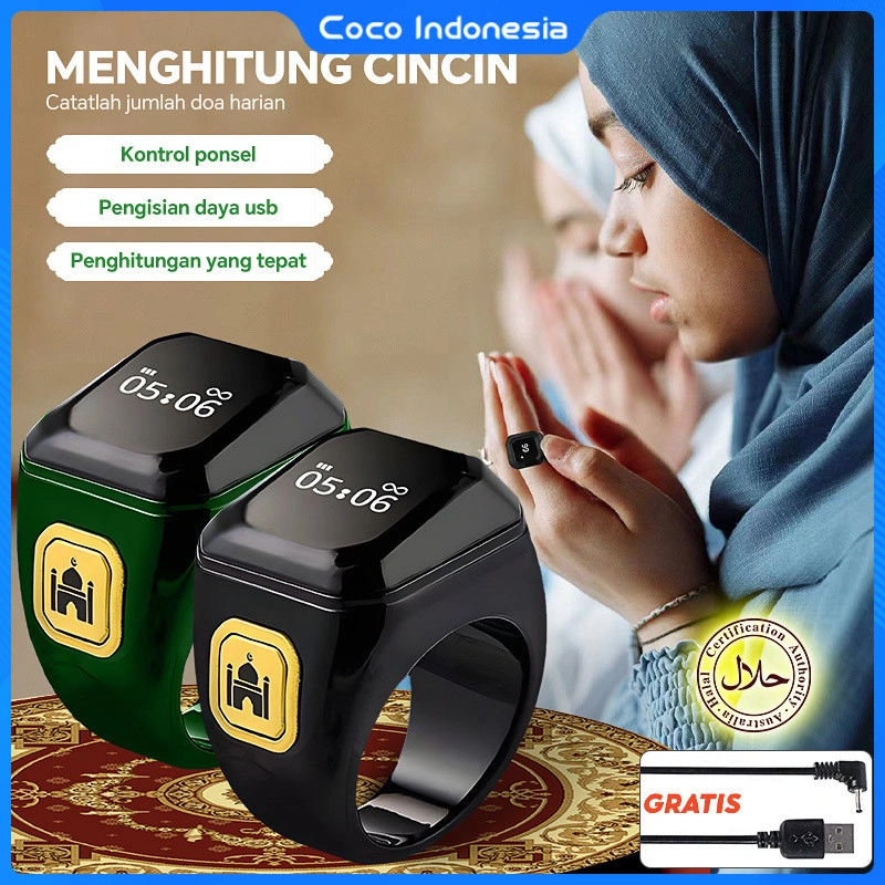 18mm 20mm 22mm Tasbih Digital Cincin Aesthetic Tally Penghitung Smart Zikr Ring with Charging Cable Vibration Reminder Tasbeeh Muslim Fashion Ring 5 Waktu Sholat Pengingat Getaran Bluetooth Cincin pintar wanita