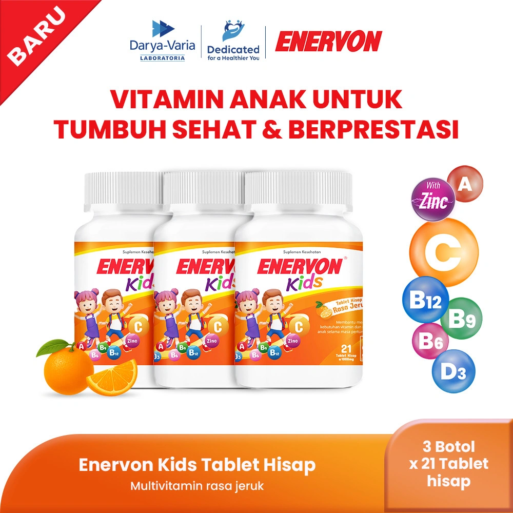 [BARU] Enervon Kids Tablet Hisap Rasa Jeruk ( 3 botol  x 21 Tablet) -  Multivitamin Suplemen Kesehatan-Vitamin C, A, B Complex, D3 plus  Zinc - Membantu Memeliharan Vitamin dan Mineral Anak dimasa Pertumbuhan