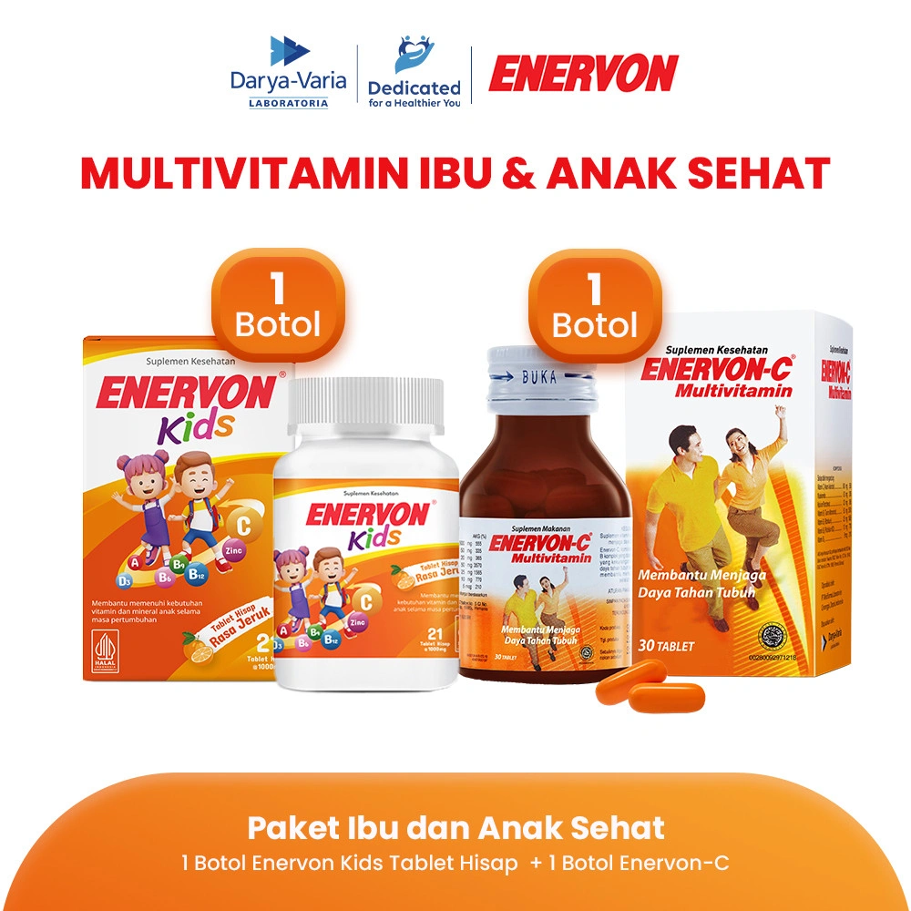[BARU] Enervon Kids Tablet Hisap + Enervon C - Multivitamin Suplemen Kesehatan -Vitamin C, A, B Complex, D3 plus  Zinc - Membantu Memeliharan Vitamin dan Mineral Anak dimasa Pertumbuhan