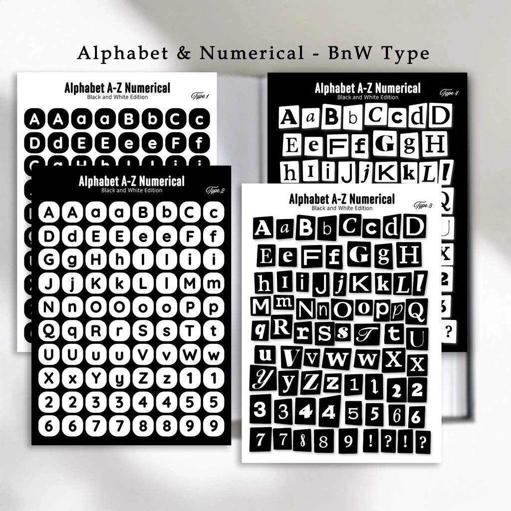 Stiker Alfabet Huruf A-Z Numeric Hitam Putih | Stiker Dekorasi Scrapbook