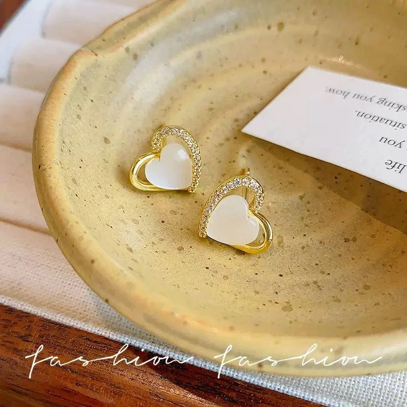 JOY A75 Anting Tindik Stud Wanita Gold Plated Love Heart Kristal Mutiara