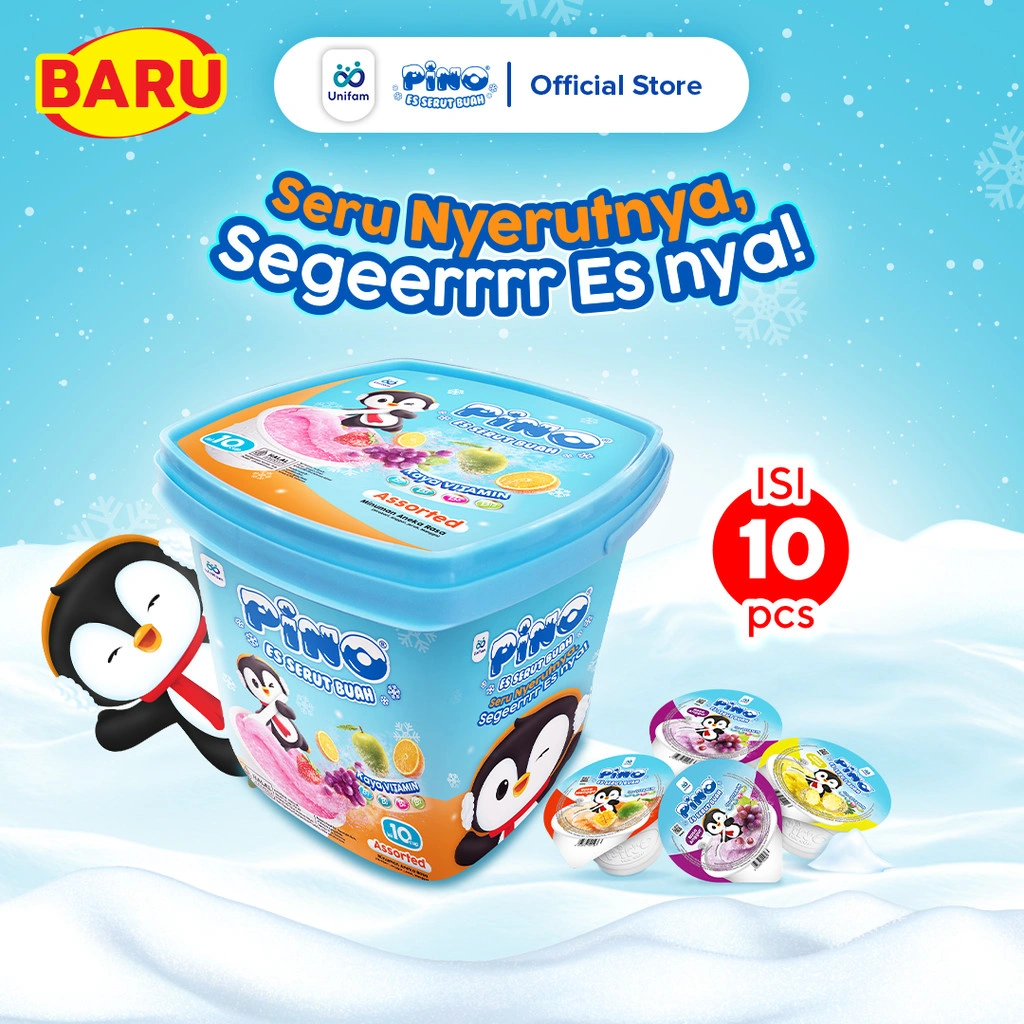 Pino Party Pack Es Serut Buah (Isi 10 Cup) - Rasa Strawberry, Mangga, Jeruk, Anggur