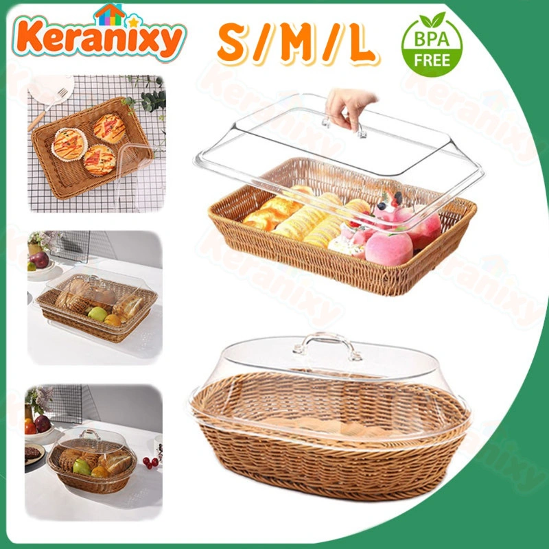 Keranixy Wadah Roti Box Keranjang Rotan Penyimpanan Kotak Roti Dan Kue Dengan Tutup Wadah Buah Serving Platters Serbaguna