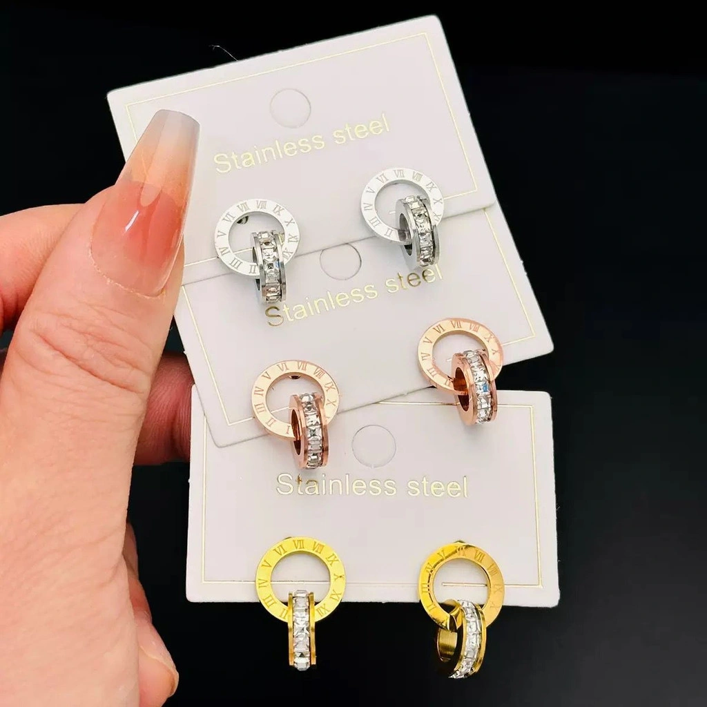 JOY A79 Anting Tindik Stud Wanita Gold Romawi Crystal Stainless Steel