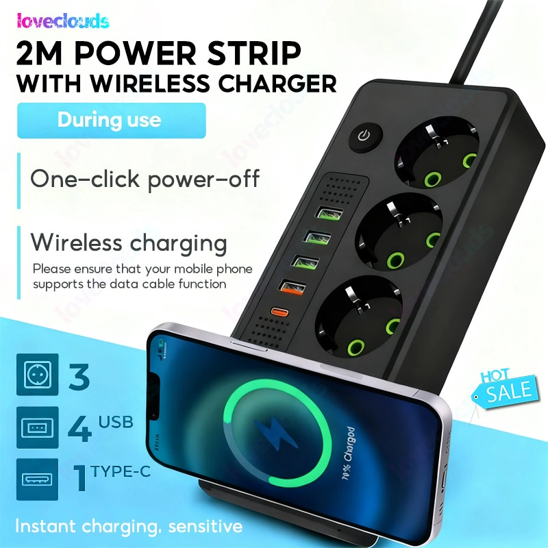 Wireless Charging Power Strip Multi Outlet Extension Cord 2m USB Ports Smart Plug Socket Adapter