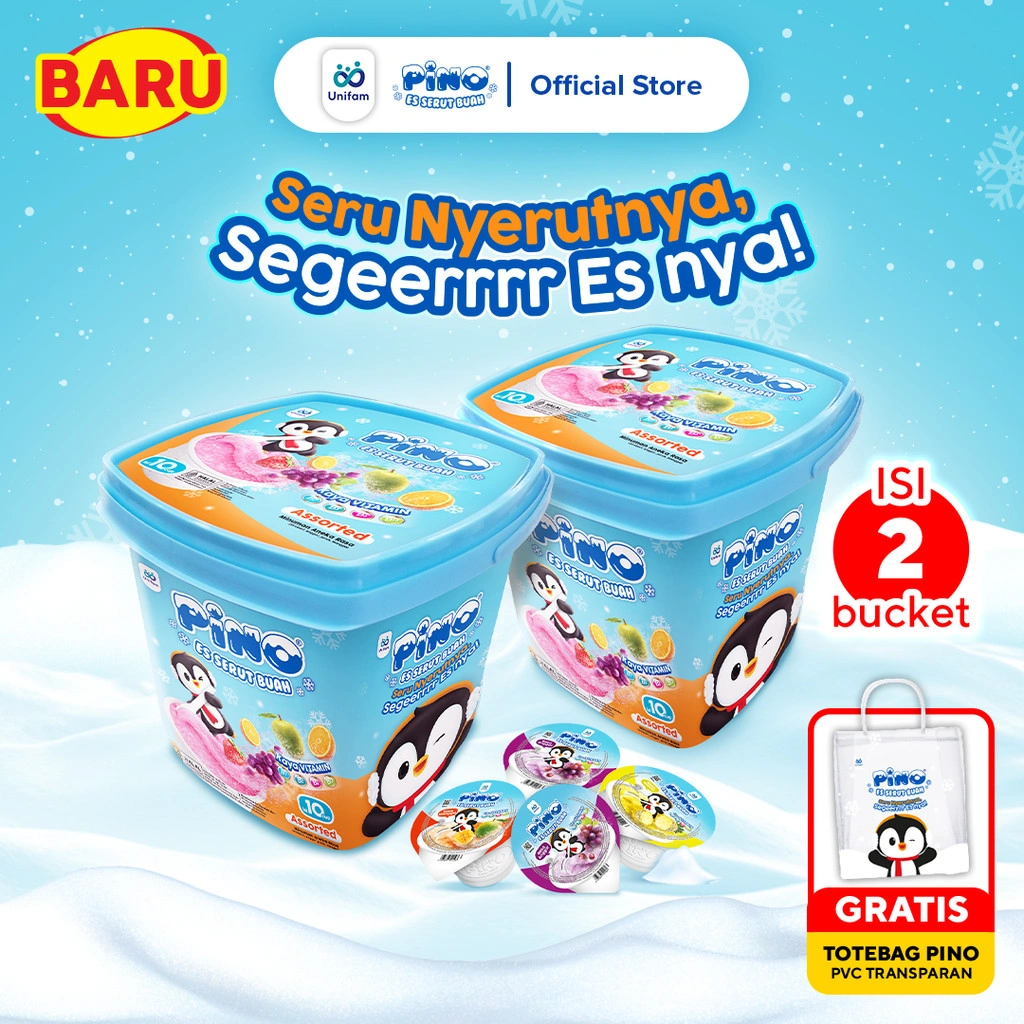 [FREE TOTEBAG] 2 Pcs Pino Party Pack Es Serut Buah (Isi 10 Cup) - Rasa Strawberry, Mangga, Jeruk, Anggur