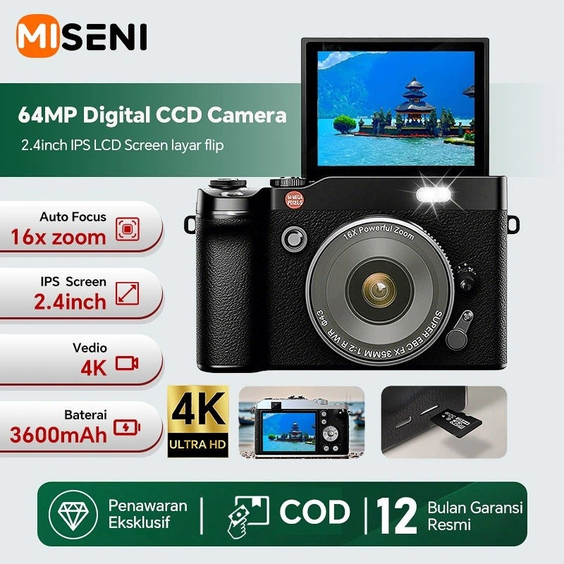 MISENI Baru 2025 Digital CCD Camera Auto Focus 64MP 4K HD Kamera 2.4inch IPS LCD Screen Dengan Flash Light Untuk Night Fotografi Layar Flip 180° Zoom Otomatis 16X Selfie Portable Kamera