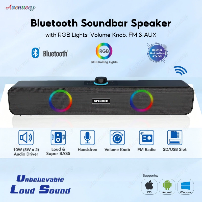 Bluetooth Speaker 5.3 RGB Sound Bar Wireless Stereo Audio with LED Light for Gaming and Music Lovers