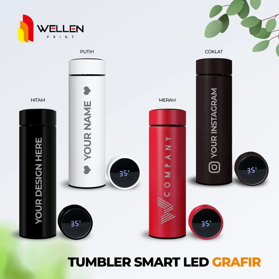 WELLEN PRINT - Tumbler Sakura Smart LED Grafir Custom / Termos Suhu Botol Minum Print Nama Logo Tulisan