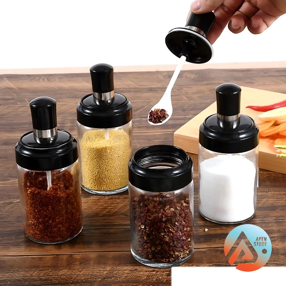 APEN Tempat Bumbu Dapur Dengan Sendok Toples Wadah Serbaguna Botol Kaca Garam Kopi Gula Barang Unik