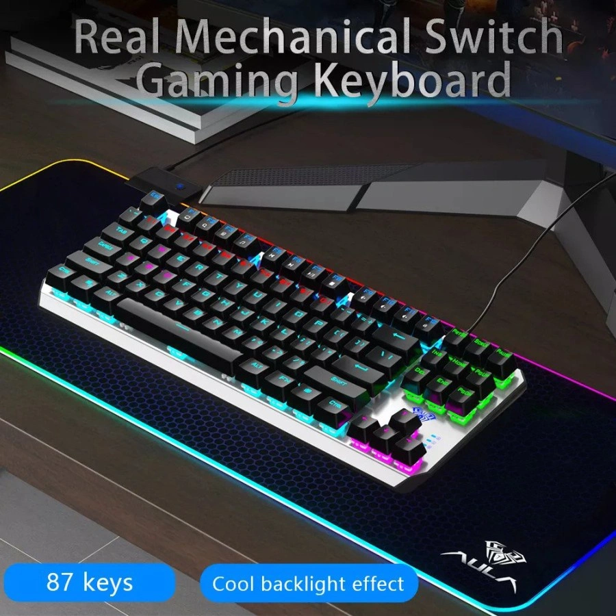 Keyboard Gaming Mechanical AULA F-2067 TKL - K-RGD Blue Switch-New RGB Rainbow LED - 87 Keys – Metal Panel