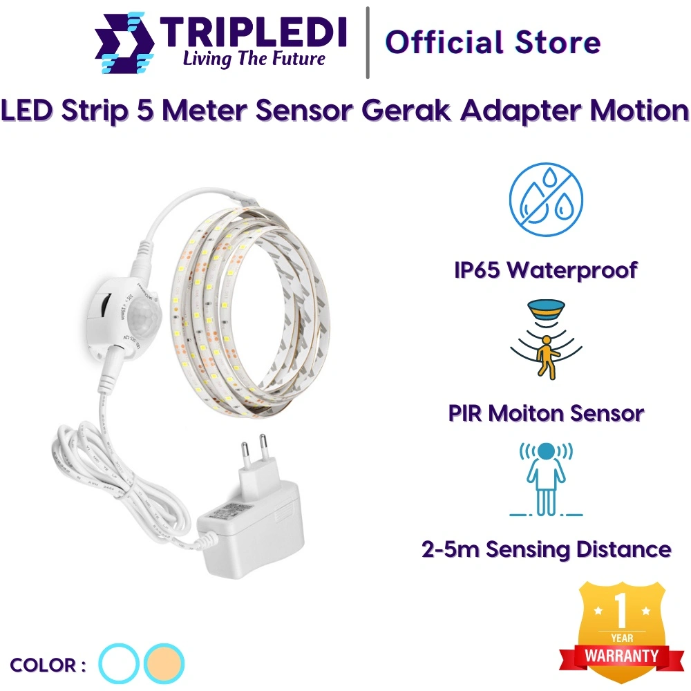 TRIPLEDI LED Strip 5 Meter Smart Lighting PIR Motion Sensor Waterproof IP65 SMD 2835 EU Plug Lampu Kamar Cahaya Penerangan