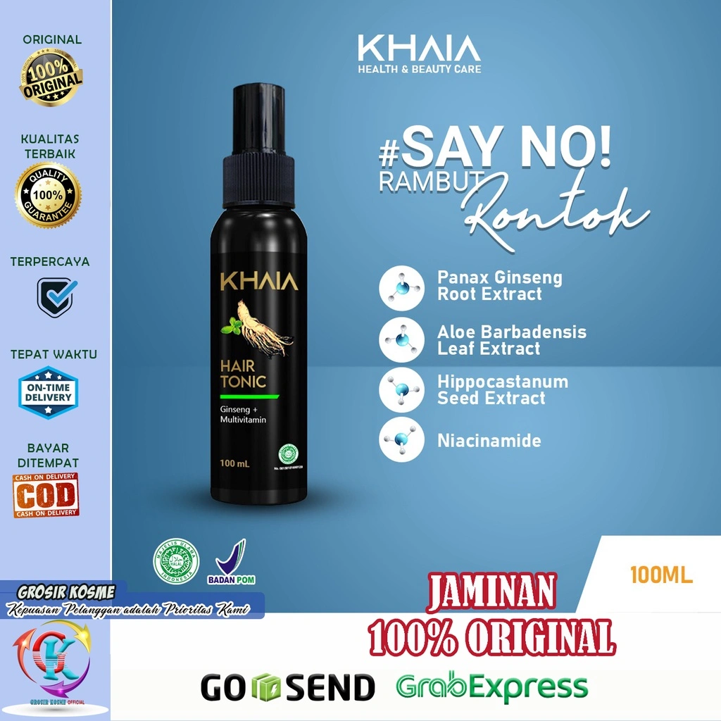 Obat Penumbuh Rambut Botak Pria dan Wanita | KHAIA Hair Tonic Gingseng + Multi Vitamin Original BPOM | Penyubur Rambut Alami