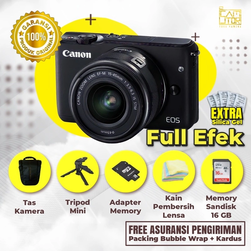 Mirrorless Canon Eos M10 Wifi Lensa kit + Memori + Tripod + Tas Canon M10