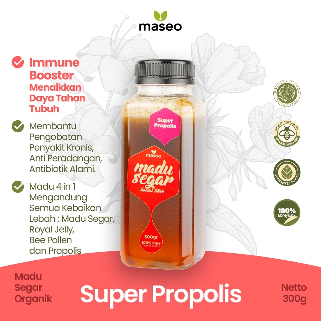 Madu Propolis Super Maseo 300gr Immune Booster Imun Buster Daya Tahan Tubuh 4 in 1 Madu Murni Royal Jelly Bee Pollen Propolis Madu Segar Organik Suplemen Detox Detoks Honey Bee