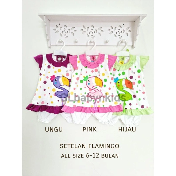 OBRAL! Ecer Setelan Anak Bayi Cewek Bordir Flamingo All Size 6-12 Bulan 100%Katun