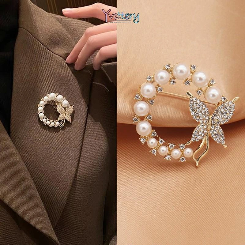 Brooch / Bros Pita Lucu / Bros Cantik / Bros Jilbab / Bros Laris / Bros Murah / Bros Cewek / Bros Geometri Terlaris Model Pita Warna Gold Silver Dengan Mutiara / Bros Wanita Korean Fashion Style Butterfly Brooches Gold Color Pearl Brooch Pins Pakai