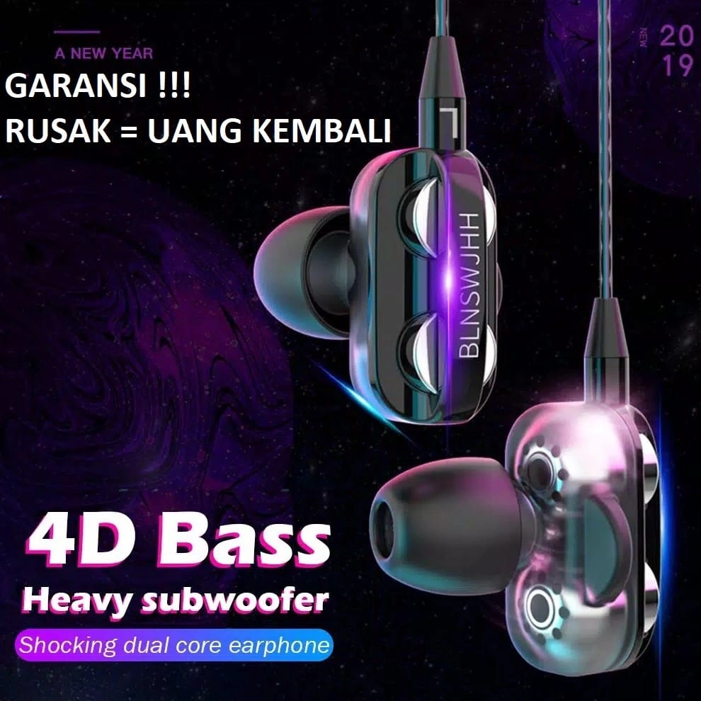 Earphone Stereo 4D Super Bass dengan Mic + Kabel Jack 3.5mm - Sport Type