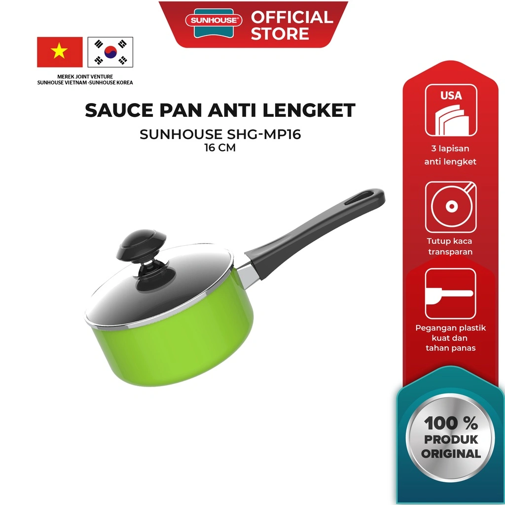 Sunhouse Panci Saucepaan Non-Stick+Tutup Kaca Anti Lengket Hijau 16 cm SHG-MP16 1 Pcs