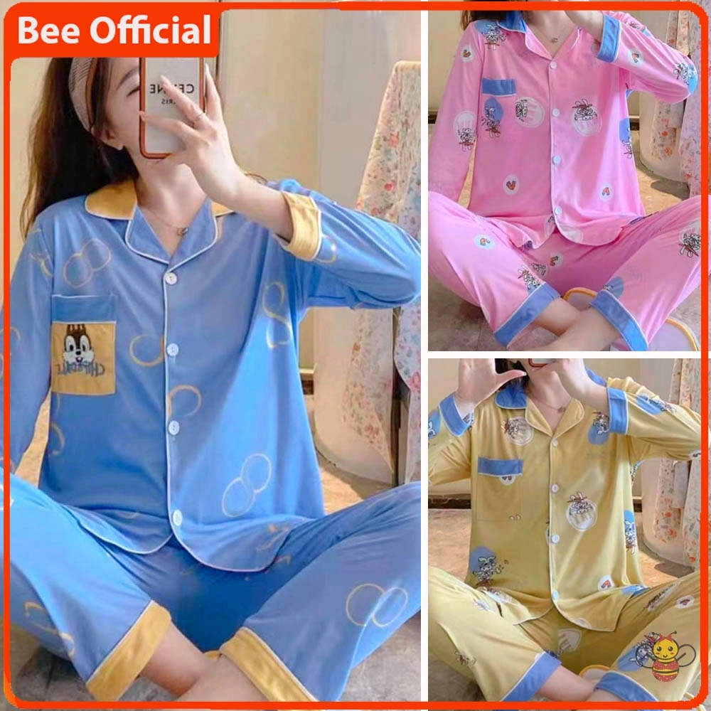BEE - Setelan Wanita | Baju Tidur Lengan Panjang | Piyama Wanita | Baju Tidur Spandek