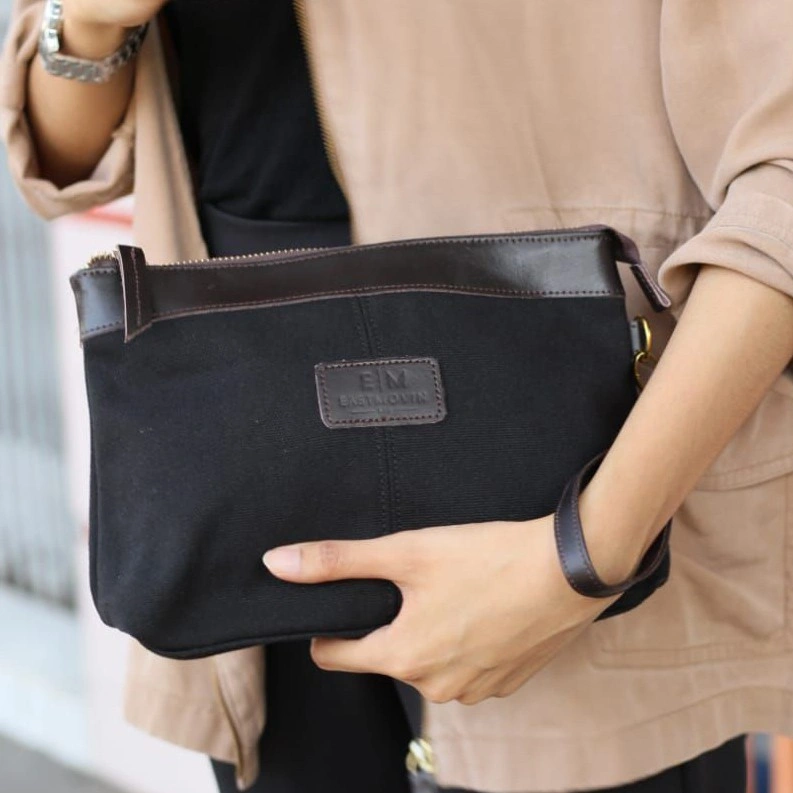 Tas Tangan Handbag Clutch Eastmovin Oliver Pouch Cewek Cowok Hitam Kanvas TEBAL & Kulit ASLI