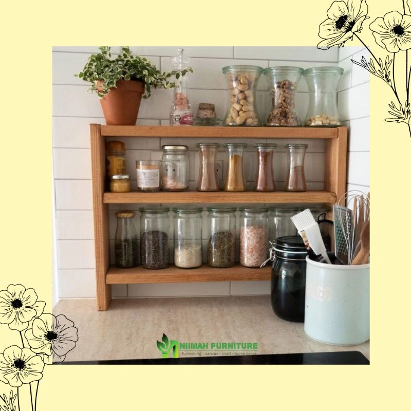 Rak Bumbu Dapur Aesthetic Minimalis Susun 2 Kayu Jati Belanda Dikirim Bongkar Pasang