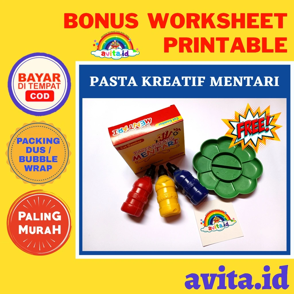 avita.id  TERMURAH Pasta Kreatif Mentari Satu Pack ( 3 WARNA x 50ml ) Free Palet | Cat Gambar | Finger Painting Anak | Cat Lukis Anak FREE PALET