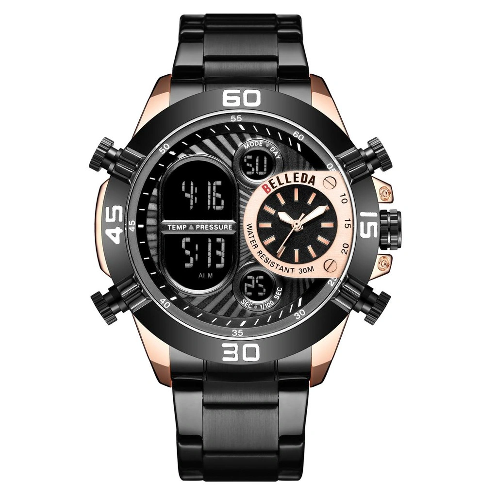 Jam Tangan Pria Belleda 9271 Dual Time Digital Analog Stainless Steel Anti Air 30 Meter Man Watches