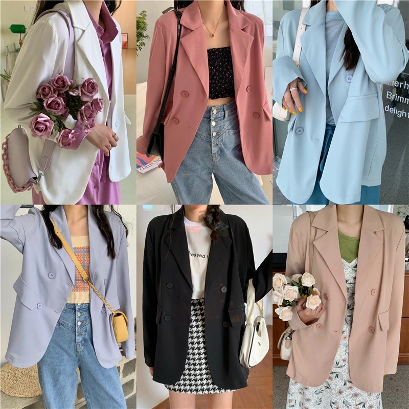 TianShun Korean Hitam Pink Biru Korea Blazer Wanita Lengan Panjang Setelan Jas Blazer Women Outer