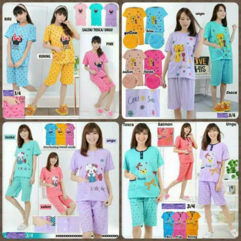 Baju Tidur Wanita dewasa Set 3/4 Kaos Standart Bahan serian muda banyak motif muda  BB MAX 70KG