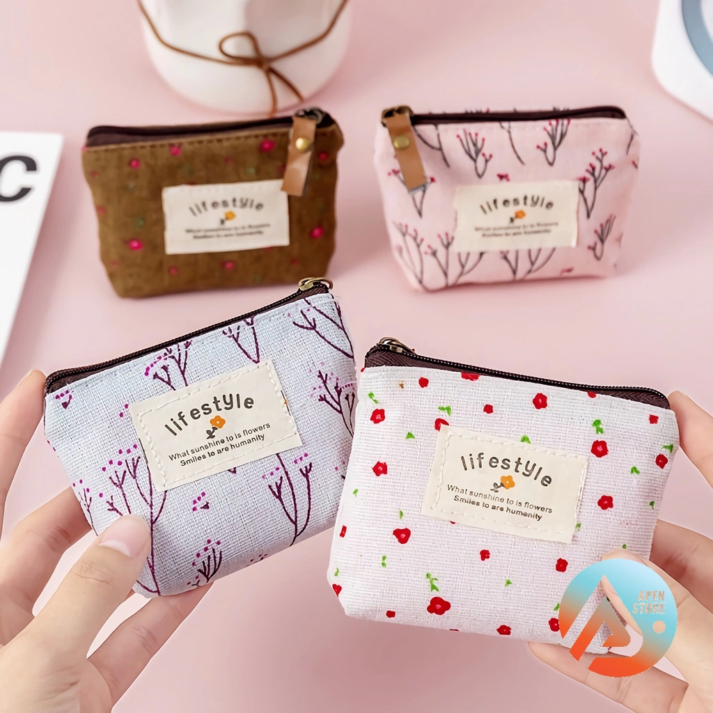 APEN Pouch Dompet Koin Resleting Live Style Kanvas Serbaguna Motif Bunga Dompet Perhiasan Headset