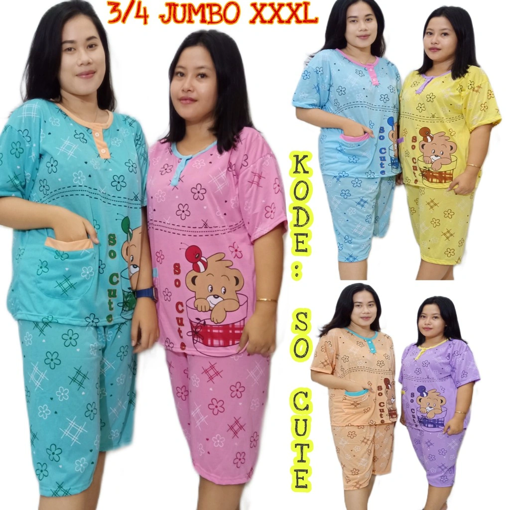 baju tidur wanita dewasa babydoll 3/4 Jumbo NB Bahan kaos muda SO CUTE BB MAX 85KG
