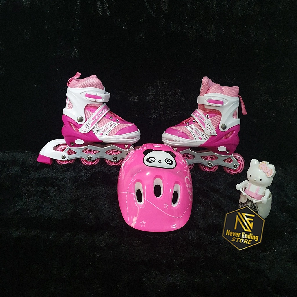 Paket Sepatu Roda Anak Power Inline Skate Dengan Pengaman Helm Terbaru Murah Roda Lurus