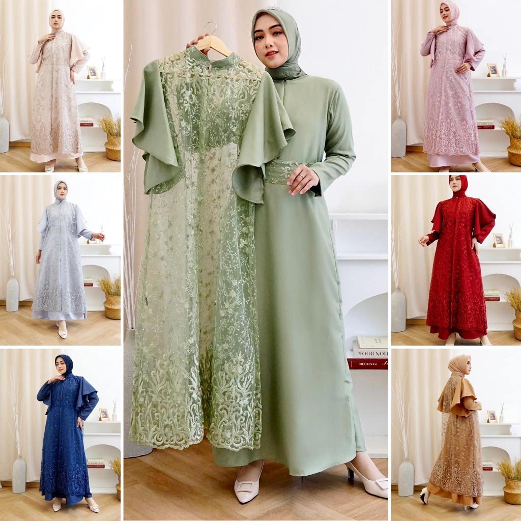 (Suplier) 3IN1 GEORGINA DRESS INNER + OUTER BRUKAT TILLE + Belt / Gamis MAxi Pesta KOndangan Lebaran