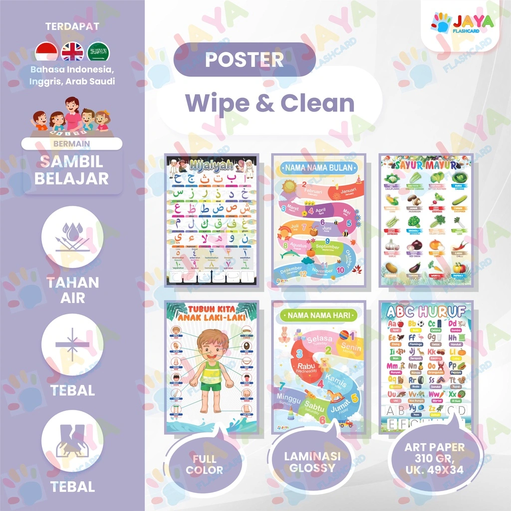 POSTER EDUKASI Anak JAYAFLASHCARD Poster Dinding Anak Wipe Clean POSTER Tidak BERSUARA