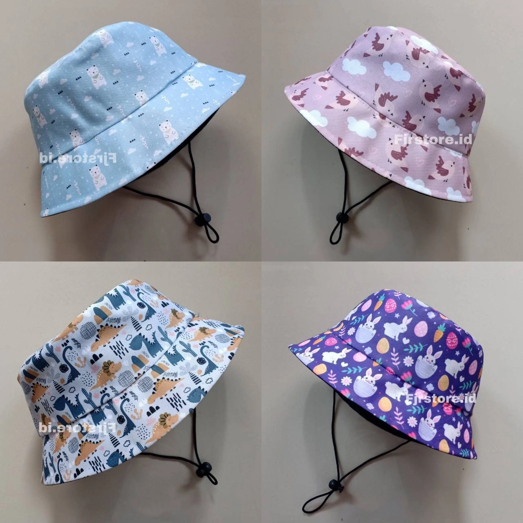 Topi Bucket Hat Anak Perempuan dan Anak Laki-Laki Motif Animasi - Pakai Tali Leher - Topi Anak -Fjrstore.id
