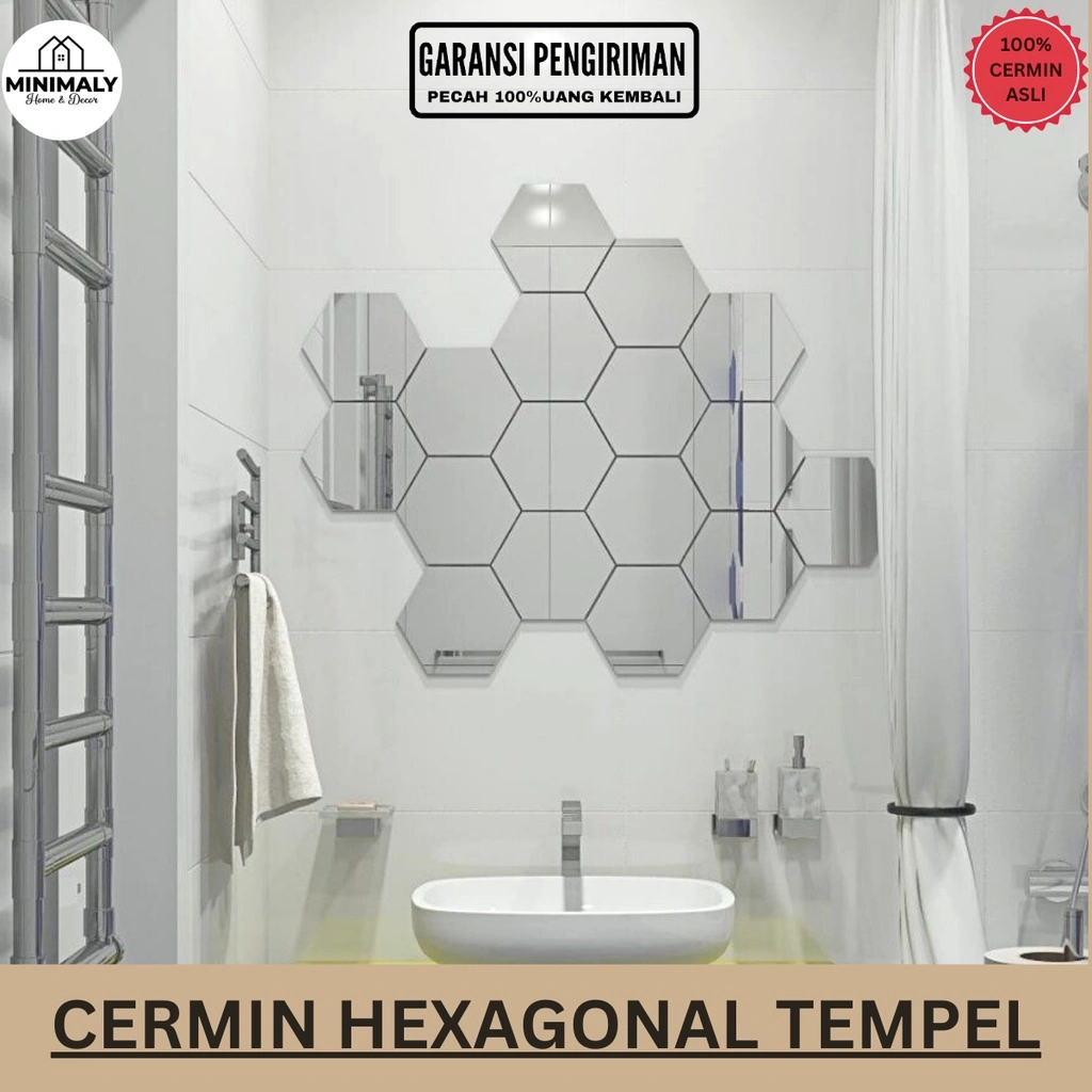 MINIMALY Cermin Kaca Hexagonal (cermin asli ukuran 16x14 cm) kaca cermin hexagonal cermin Aesthetic Kaca Aesthetic Kamar Cermin Tempel Dinding Kaca Tempel Hiasan Dinding Aesthetic