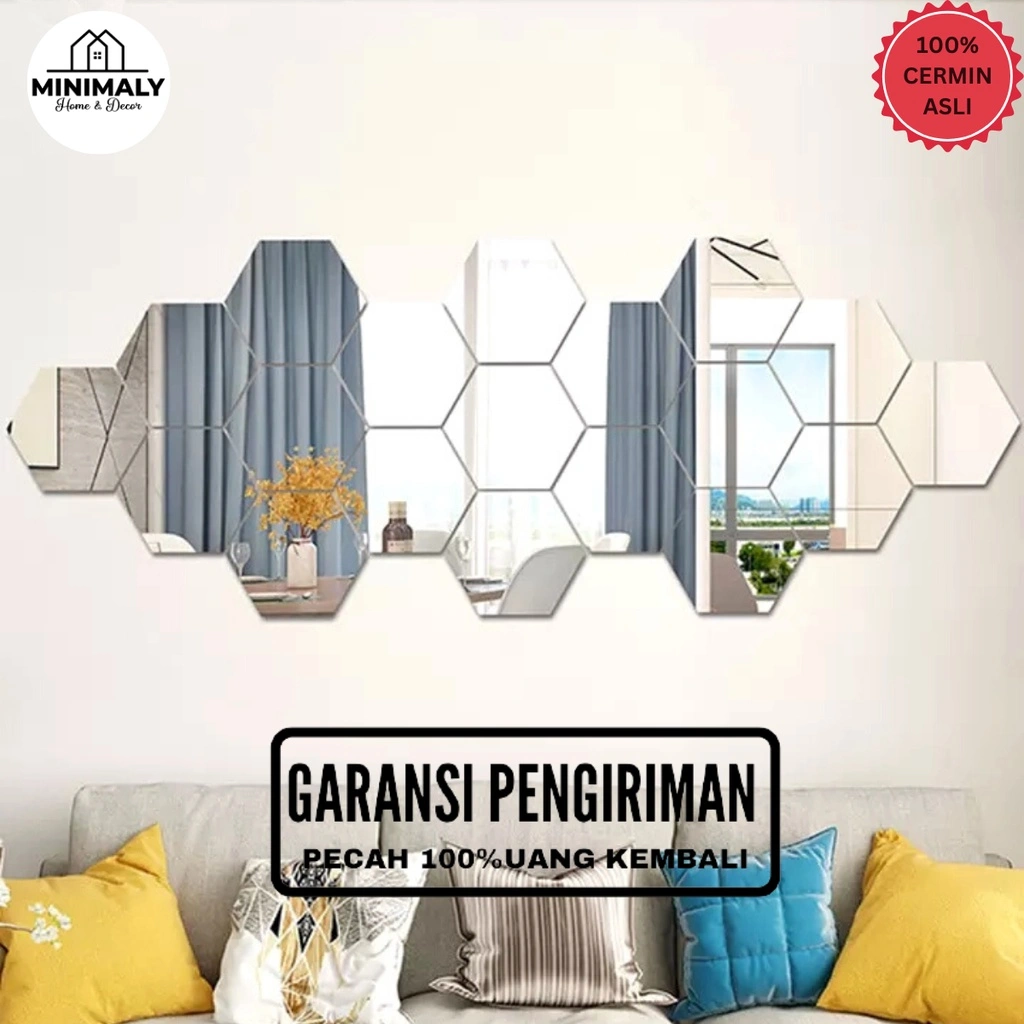 MINIMALY10 Cermin Hexagonal Dinding (cermin asli) Cermin Tempel Cermin Aesthetic Dekorsi Cermin hiasan dinding Hiasan Kamar Aesthetic