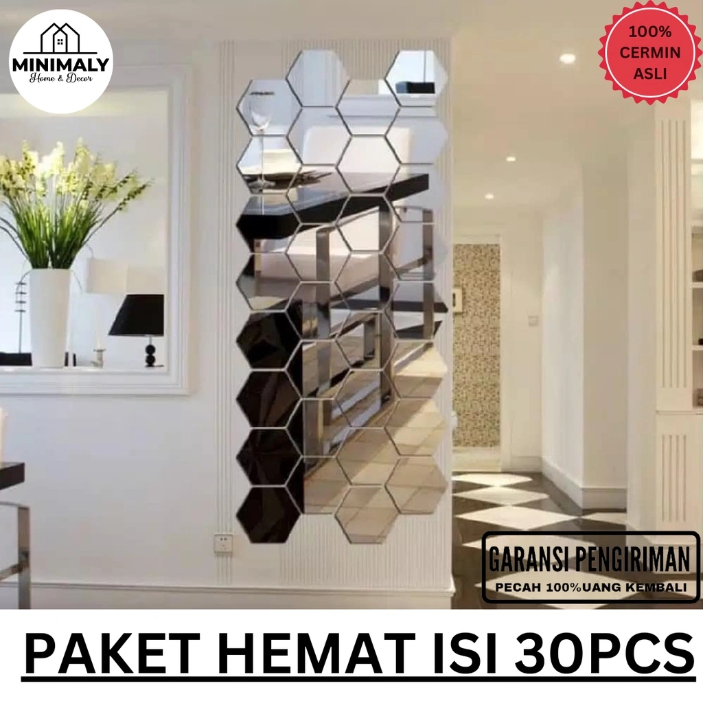 MINIMALY15 Kaca Cermin Hexagonal (ISI 30 PCS CERMIN ASLI) Ukuran 10x8,5cm Cermin Dinding Tempel