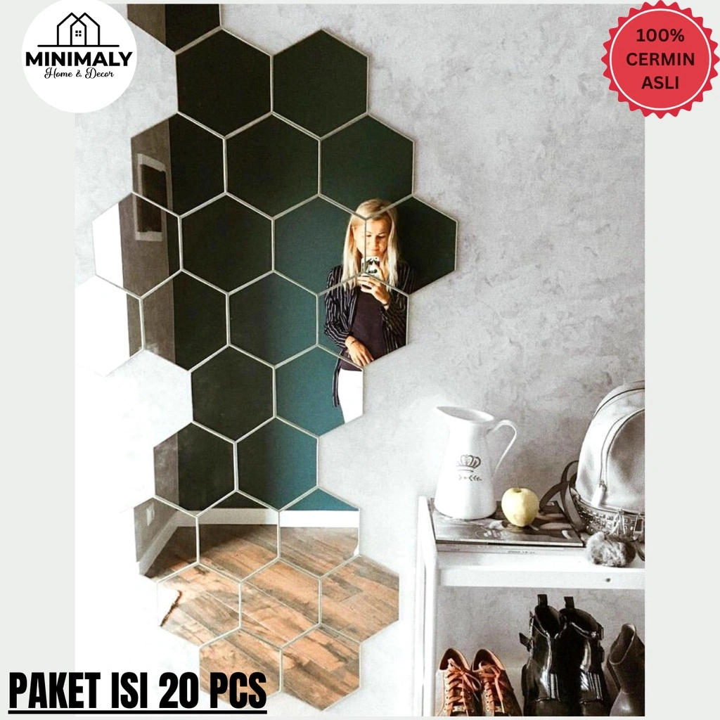 MINIMALY13 Kaca Cermin Hexagonal (PAKET HEMAT ISI 20 PCS) Ukuran 13x11 (CERMIN ASLI) Cermin Tempel Kaca Hexagonal Hexagonal Miror Hiasan Dinding