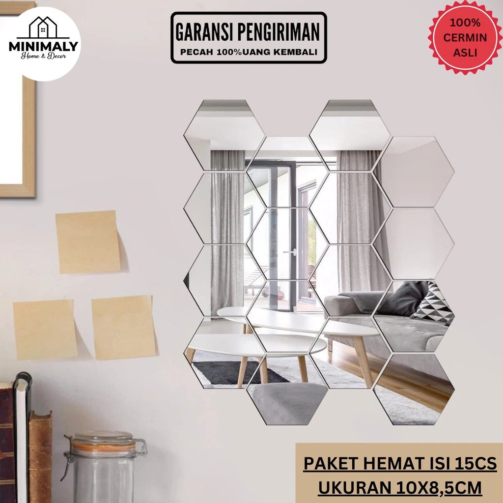 MINIMALY14 (PAKET HEMAT ISI 15 PCS) Kaca Cermin Hexagonal UKURAN 10X8,5 (CERMIN ASLI) Cermin Aesthetic