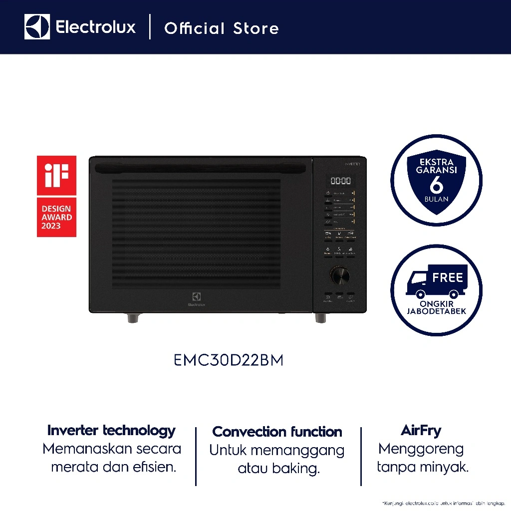 Electrolux Microwave oven Multifunction Grill, Convection, Steam , AirFry 30L EMC30D22BM / EMC 30D22 BM - Black Free aksesoris steam, rak grill, airfry